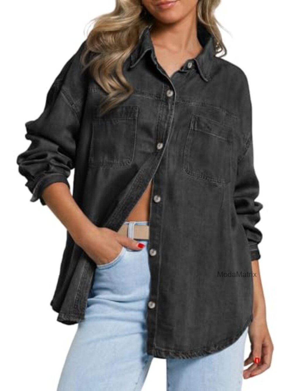 Women's 100% Cotton Denim Button Down Shirt Oversized Long Sleeve